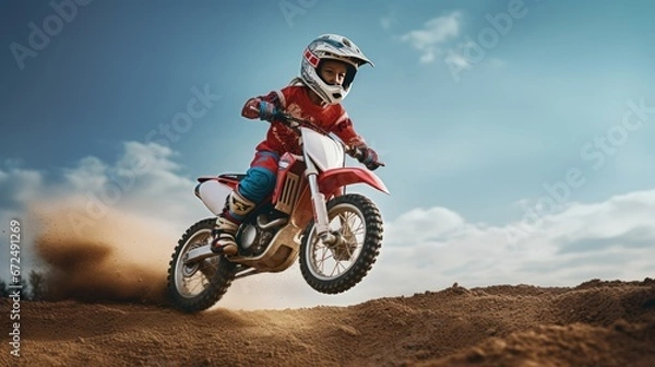 Fototapeta Little boy riding a dirt bike, AI generated Image