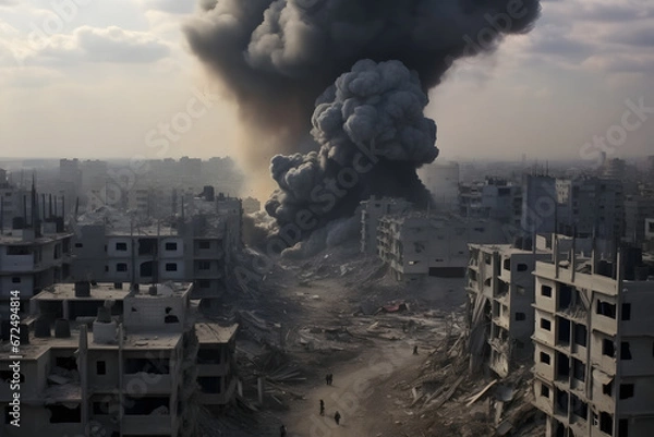 Obraz A City scene of smoke and destruction after an airstrike, red smoke, fire, ruined buildings, smoke cloud, destruction, war scene, ruined city and buildings, war image generative ai