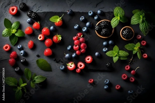 Fototapeta Fresh berries from the farm or the woodland with mint leaves against a background of dark slate