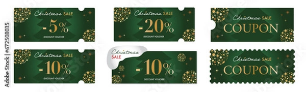 Fototapeta クリスマスセールに使える金のオーナメントと緑のクーポンベクターデザインセット2