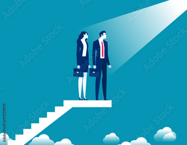 Fototapeta Partner teammates standing together on ladder looking in one direction feeling successful. Business team vector concept