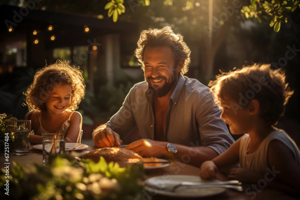 Obraz cheerful family having fun, sitting at the table at summer garden in leafy inner courtyard under the evening sun rays