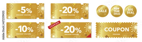 Fototapeta ポップな金の花火のクーポンベクターデザインセット2
