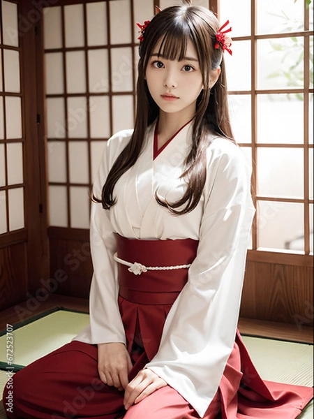 Obraz 室内に座っている巫女装束の若い女性