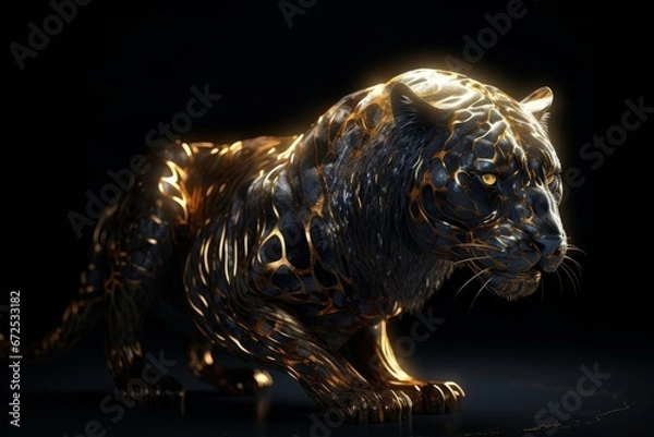 Obraz Tiger with golden skin on black background. 3d rendering.