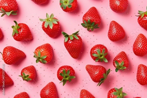 Fototapeta Strawberry pattern on pink background. Flat lay, top view