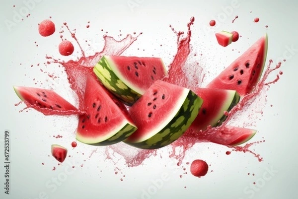 Fototapeta Watermelon splashes isolated on white background. 3D illustration.