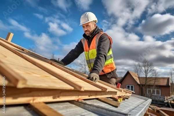 Fototapeta Caucasian mature man in hardhat is working on the construction of a wooden frame house. Male roofer is in the process of strengthening the wooden structures of the roof of a house.