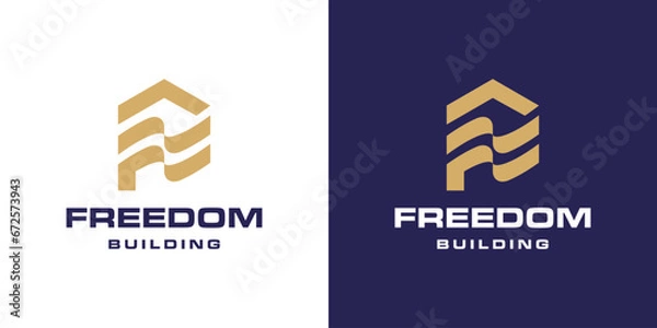 Obraz Freedom Building Logo Simple. Home Roof Shape with Flag Fluttering Waving Shape.