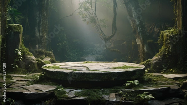 Fototapeta Flat stone podium in the magical forest , empty round stand background. Made with generative ai