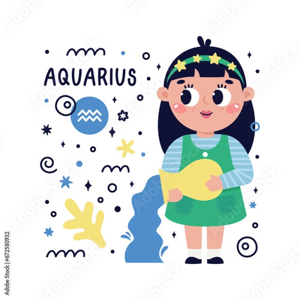 Fototapeta Colorful card with Aquarius zodiac sign. Kids characters with Astrological horoscope symbols. Hand drawn vector illustration in cartoon style with lettering