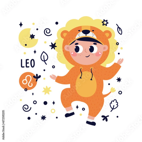 Fototapeta Colorful card with Leo zodiac sign. Kids characters with Astrological horoscope symbols. Hand drawn vector illustration in cartoon style with lettering