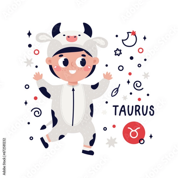 Fototapeta Colorful card with Taurus zodiac sign. Kids characters with Astrological horoscope symbol. Hand drawn vector illustration in cartoon style with lettering