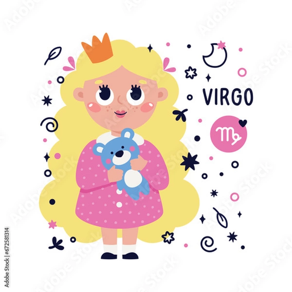 Fototapeta Colorful card with Virgo zodiac sign. Kids characters with Astrological horoscope symbols. Hand drawn vector illustration in cartoon style with lettering