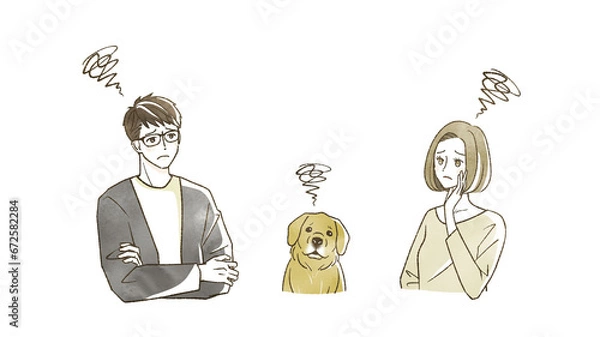 Obraz 困っている男女と犬