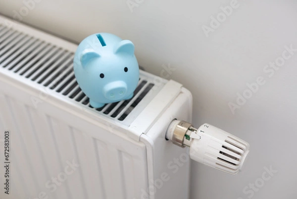 Obraz Piggy bank on radiator. Saving heating in winter