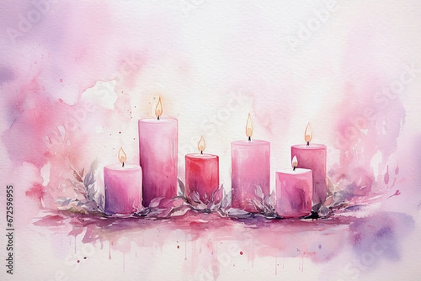 Fototapeta Pretty loose watercolour style image of a christmas scene of pink lit candles with green foliage, and a pink wash watercolour background.. Perfect as a card, invitation, social media or website header