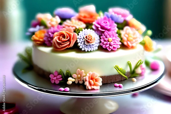 Fototapeta On an anniversary, a flower-decorated cake decorated with beautiful flowers makes a wonderful gift. Generative AI.
