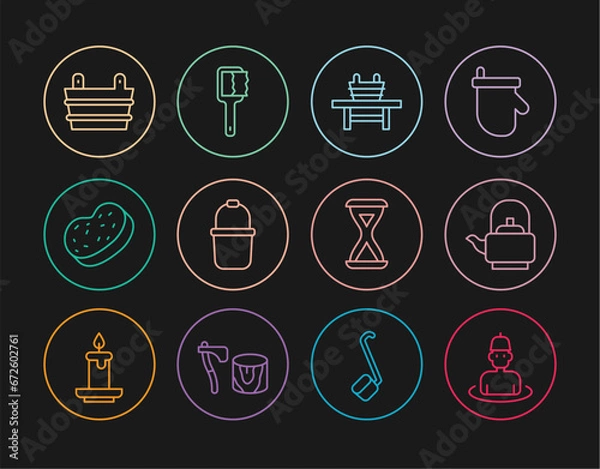 Obraz Set line Man in the sauna, Kettle with handle, Sauna bench bucket, Bath sponge, hourglass and brush icon. Vector