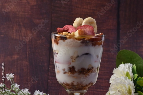 Obraz Delicious yogurt ice scream with Fruits and Slide of Applie