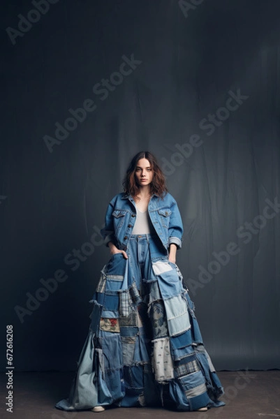 Fototapeta Famale model wearing an avant-garde, eco-friendly outfit composed entirely of recycled denim dress with various shades of blue denim pieced together in an artistic patchwork