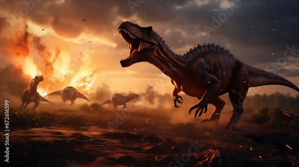Fototapeta Illustration of the era of dinosaurs becoming extinct, ancient forest, meteors falling on the earth, dinosaurs running around, dramatic light and shadows, hyper realistic nature photo