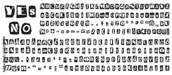 Obraz Ransom halftone collage style letters numbers and punctuation marks cut from newspapers and magazines. Vintage ABC collection. Black and white alphabet Typography vector illustration