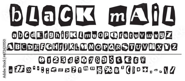 Obraz Ransom halftone collage style letters numbers and punctuation marks cut from newspapers and magazines. Vintage ABC collection. Black and white alphabet Typography vector illustration