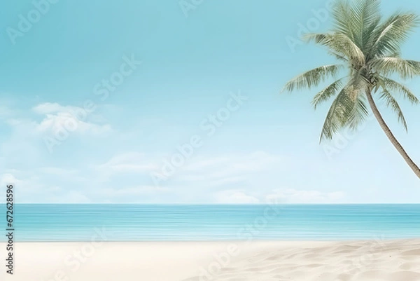 Fototapeta tropical beach view at sunny day with white sand, turquoise water and palm tree. Neural network generated image. Not based on any actual scene or pattern.