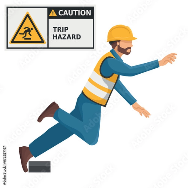 Fototapeta Industrial worker with trip hazard sign warning. Caution icon and pictogram. Work accident. Worker with personal protective equipment. Industrial safety and occupational health at work