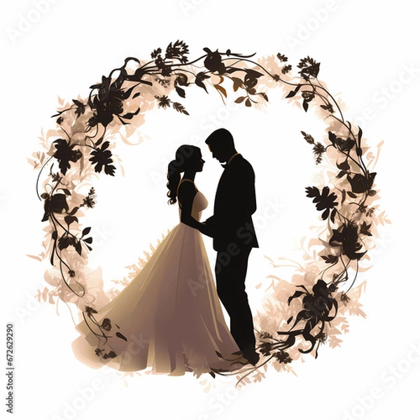 Fototapeta Silhouette of a bride and groom, forever connected, isolated on white background