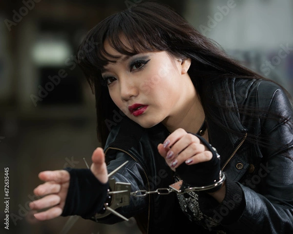 Obraz Asian woman in emo goth clothes at an abandoned building