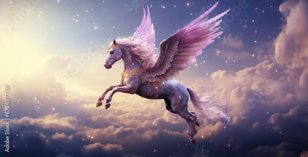 Obraz horse in the sky, violet unicorn sparkly horn flying magical