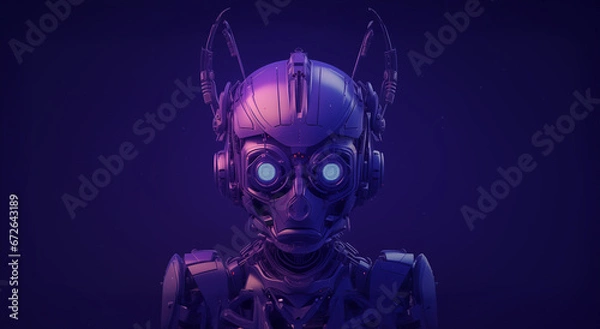 Fototapeta A robotic body, Head is in the background with links and circles, in the style of futuristic robots, light violet and dark navy, focus on materials, metallic surfaces