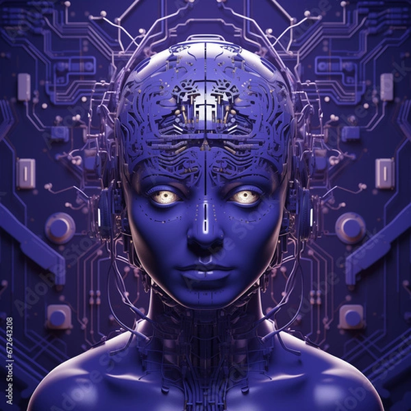 Fototapeta A robotic body, Head is in the background with links and circles, in the style of futuristic robots, light violet and dark navy, focus on materials, metallic surfaces