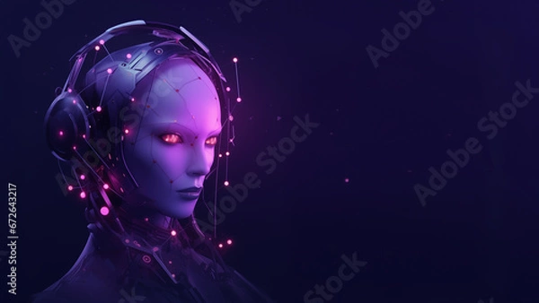 Fototapeta A robotic body, Head is in the background with links and circles, in the style of futuristic robots, light violet and dark navy, focus on materials, metallic surfaces