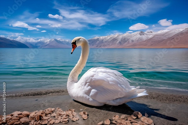 Fototapeta elegant white swan by a tranquil mountain lake
