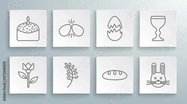 Fototapeta Set line Flower tulip, Easter eggs, Willow leaf, Bread loaf, rabbit, Broken, Wine glass and cake and candle icon. Vector