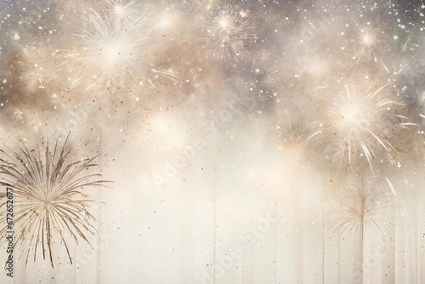 Fototapeta Golden fireworks over silver background. Silver and beige card for luxury explosion, holiday feelings. Winter season business greeting banner.