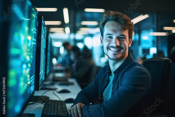Fototapeta Smiling IT Professional at Workstation in High-Tech Computer Server Room