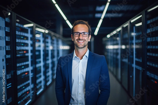 Obraz Smiling Male IT Expert Poses in Modern Data Center