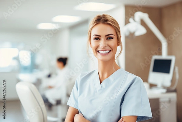 Obraz Cheerful Dental Assistant Welcoming Patients in Modern Clinic