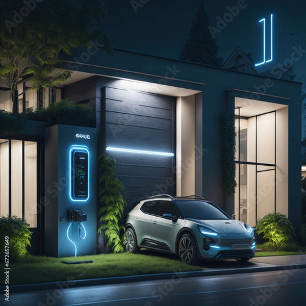 Fototapeta Modern Residential Building House With Technology For Electric  Vehicles, Charging Eco Frendly Electric Futuristic Car From Wallbox, Generative AI