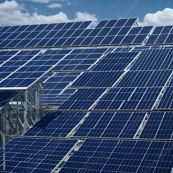 Fototapeta Architectural Detail of Metal Roofing on Commercial Construction Solar panels or Solar cells Over Factory, Blue Sky With Sun Rays, Generative AI