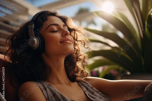 Obraz A woman lounging on a chair and listening to music on her headphones. Great for stories on audio, music, lifestyle, meditation, relaxation and more. 