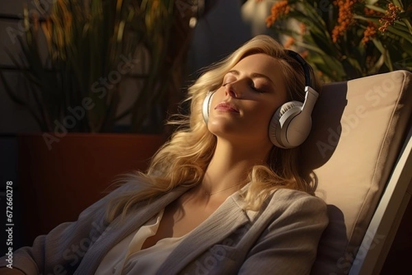 Obraz A woman lounging on a chair and listening to music on her headphones. Great for stories on audio, music, lifestyle, meditation, relaxation and more. 
