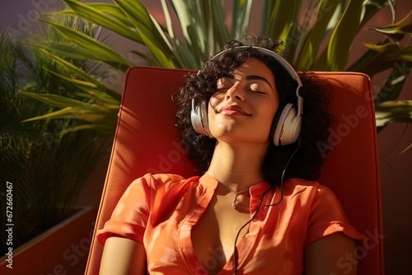 Obraz A woman lounging on a chair and listening to music on her headphones. Great for stories on audio, music, lifestyle, meditation, relaxation and more. 