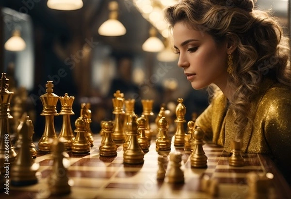 Fototapeta Gold queen is the leader of the chess in the game on board.