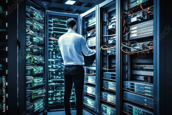 Fototapeta Male network specialist at work at server room doing network commissioning and cyber security check. Generative Ai