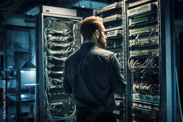 Obraz Male network specialist at work at server room doing network commissioning and cyber security check. Generative Ai